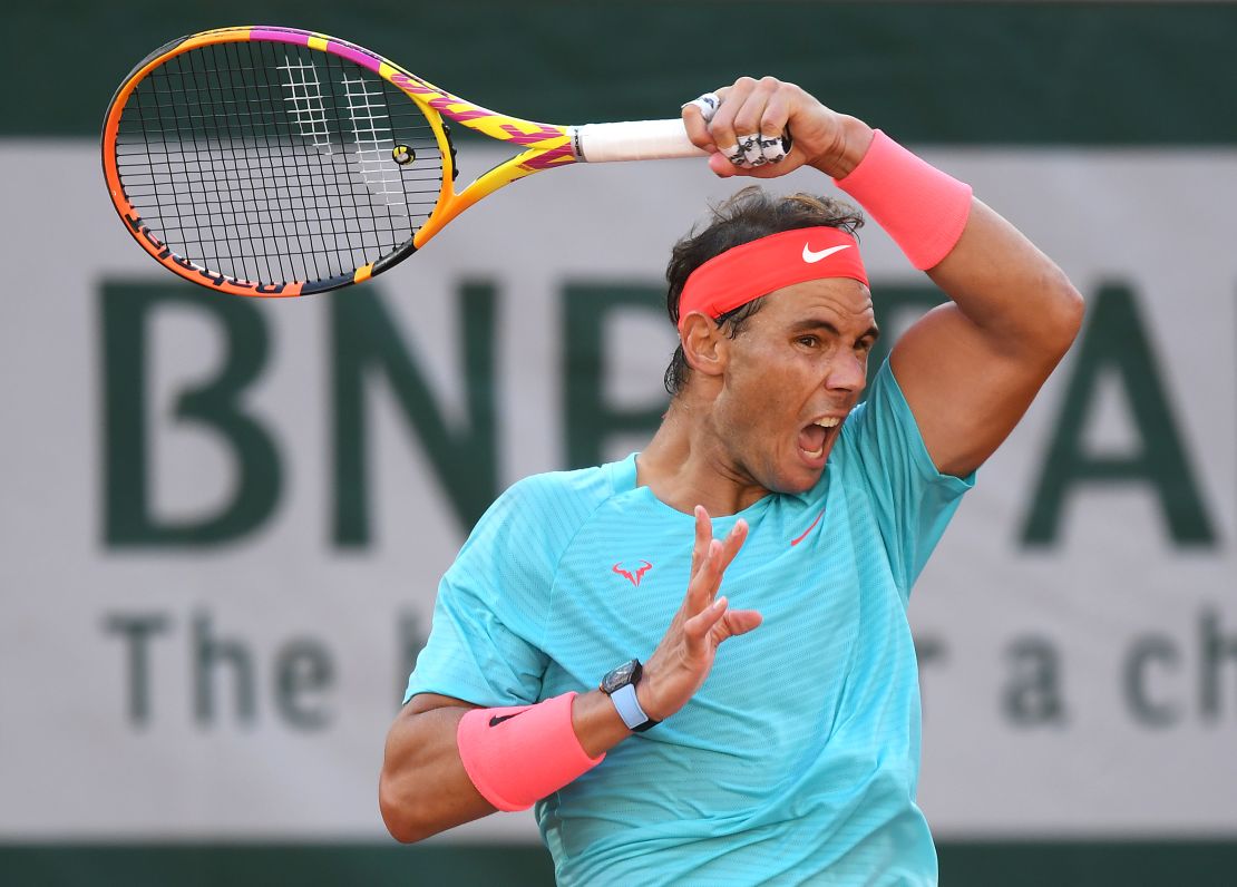 Nadal whips a forehand during his semifinal match against Diego Schwartzman.