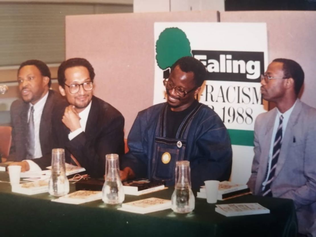 Addai-Sebo (second right) and Ansel Wong, Principal Race Equality Advisor at the London Strategic Policy Unit (second left) at the London launch of their book "Our Story" in July 1988, with Bernard Wiltshire, Deputy Leader of the Inner London Education Authority (left) and Vitus Evans, Race Relations Advisor at the Association of London Authorities.