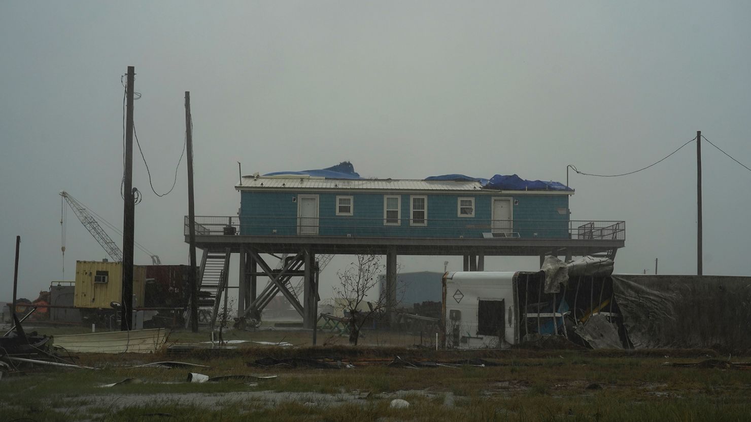 A house which was damaged by Hurricane Laura is seen as Hurricane Delta approaches on October 9, 2020 in Cameron, Louisiana. 