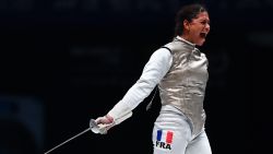 Ysaora Thibus of France reacts after winning against Jeon Her Sook of South Korea after the women's foil team competition final at the 2018 World Fencing Championships in Wuxi in China's eastern Jiangsu province on  July 26, 2018. (Photo by Johannes EISELE / AFP)        (Photo credit should read JOHANNES EISELE/AFP via Getty Images)