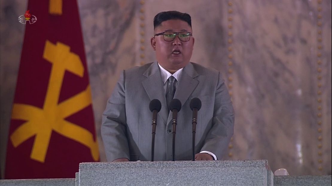 Kim Jong Un addresses the nation during the military parade.