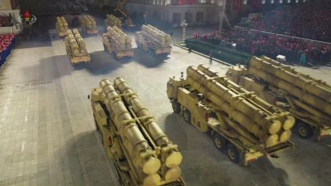 Rocket launchers are seen in North Korea's military parade broadcast Saturday evening.