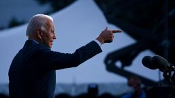 Democratic presidential nominee and former Vice President Joe Biden speaks to Union members after touring a plumbers union training center in Erie, Pennsylvania on October 10, 2020.