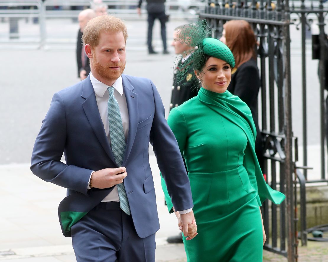 (From left) Prince Harry, Duke of Sussex, and Meghan, Duchess of Sussex, are shown here March 9, 2020, in London.