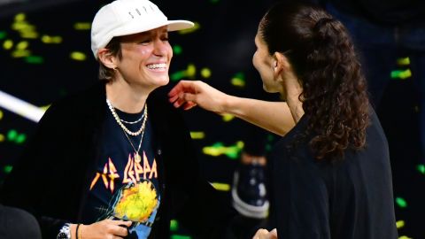 Sue Bird (R) celebrates with Megan Rapinoe after winning the WNBA Championship following Game 3 of the WNBA Finals against the Las Vegas Aces at Feld Entertainment Center in Palmetto, Florida.