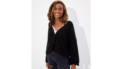 AE Cropped Balloon-Sleeve Button-Up Cardigan