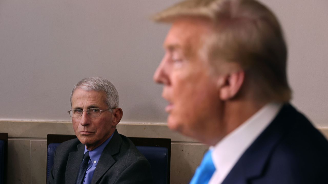 WASHINGTON, DC - APRIL 07: Anthony Fauci, director of the National Institute of Allergy and Infectious Diseases, listens to U.S. President Donald Trump speak to reporters following a meeting of the coronavirus task force in the Brady Press Briefing Room at the White House on April 7, 2020 in Washington, DC. The president today removed the independent chairman of a committee tasked with overseeing the roll out of the $2 trillion coronavirus bailout package.  (Photo by Chip Somodevilla/Getty Images)