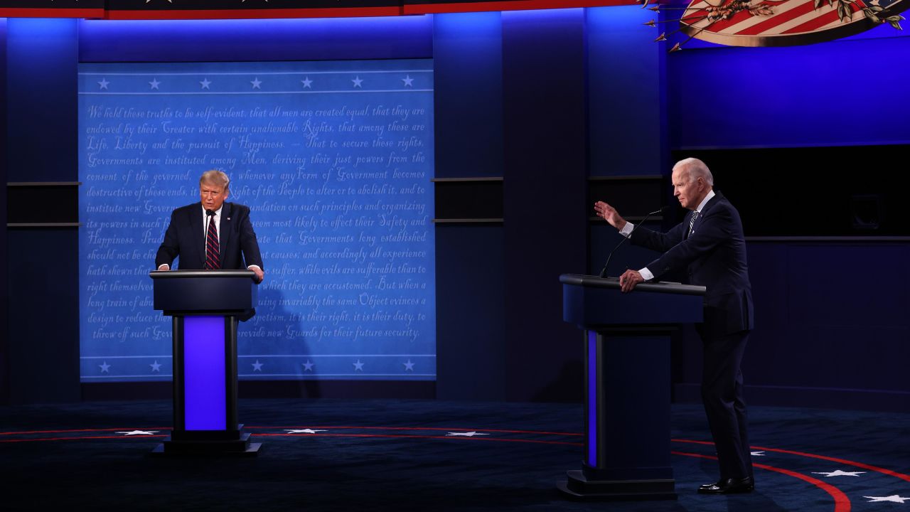 President Donald Trump and Democratic presidential nominee Joe Biden participate in the first presidential debate at the Health Education Campus of Case Western Reserve University on September 29, 2020 in Cleveland, Ohio. 