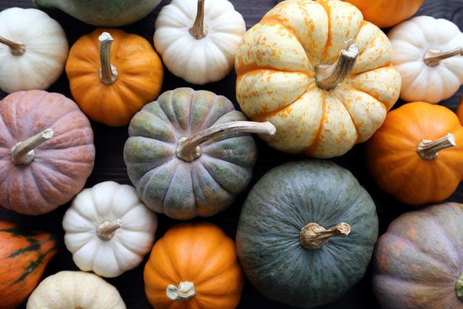 At the farmers market, gather pumpkins for roasting. Look out for sugar pumpkins and milk-fed pumpkins, which are best for cooking.