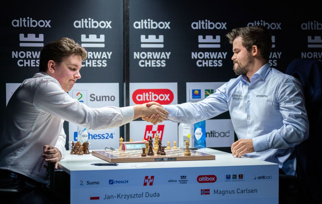 Jan-Krzysztof Duda (left) downed Magnus Carlsen in the Norway Chess tournament.