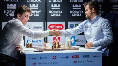 Jan-Krzysztof Duda (left) downed Magnus Carlsen in the Norway Chess tournament.