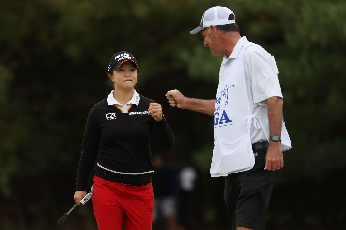 Kim fist bumps her caddy during the final round at the Women's PGA Championship.