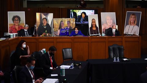 Poster boards of people who may lose their health insurance if the Affordable Care Act is repealed are set up prior to start of the Senate Judiciary Committee confirmation hearing for Supreme Court Justice on Capitol Hill on October 12, 2020 in Washington, DC.