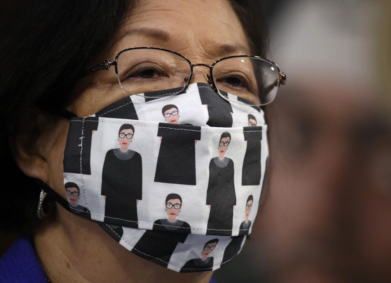 US Sen. Mazie Hirono, a Democrat from Hawaii, wears a face mask depicting the late Ruth Bader Ginsburg.