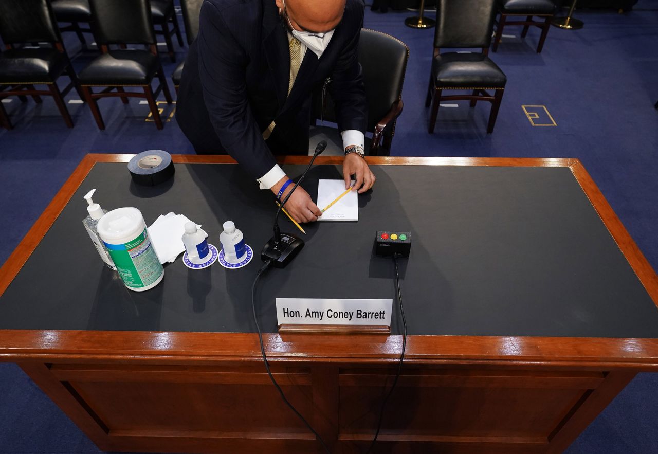 Barrett's desk is set up before she appeared before the Senate Judiciary Committee on October 12.
