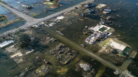 An aerial view of flood waters from Hurricane Delta surrounding structures destroyed by Hurricane Laura on October 10, 2020 in Creole, Louisiana.