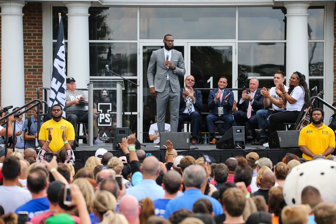 LeBron James addresses a crowd of students, parents, local officials and sponsors at the grand opening of his I Promise school on July 30, 2018 in Akron, Ohio.  