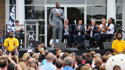 LeBron James addresses a crowd of students, parents, local officials and sponsors at the grand opening of his I Promise school on July 30, 2018 in Akron, Ohio.  