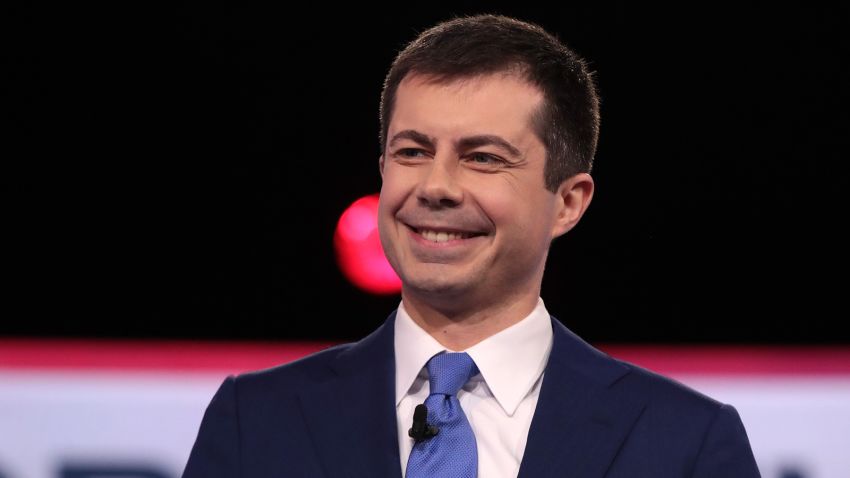CHARLESTON, SOUTH CAROLINA - FEBRUARY 25:  Democratic presidential candidate former South Bend, Indiana Mayor Pete Buttigieg arrives on stage for the Democratic presidential primary debate at the Charleston Gaillard Center on February 25, 2020 in Charleston, South Carolina. Seven candidates qualified for the debate, hosted by CBS News and Congressional Black Caucus Institute.  (Photo by Scott Olson/Getty Images)