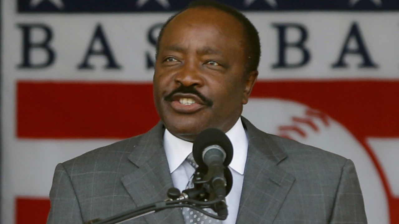 Morgan speaks during the 2013 Hall of Fame ceremonies in Cooperstown, New York.