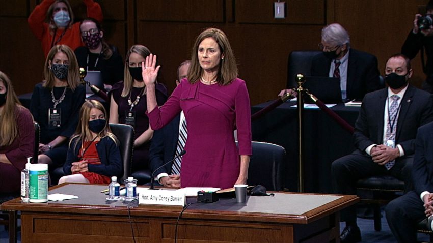 Judge Amy Coney Barrett is sworn in during the Senate Judiciary Hearing on October 12, 2020 in Washington, DC.