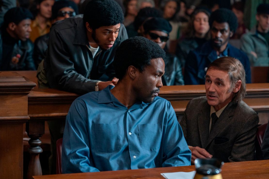 Kelvin Harrison, Jr. as Fred Hampton, Yahya Abdul-Mateen II as Bobby Seale and Mark Rylance as William Kuntsler in "The Trial of the Chicago 7." 