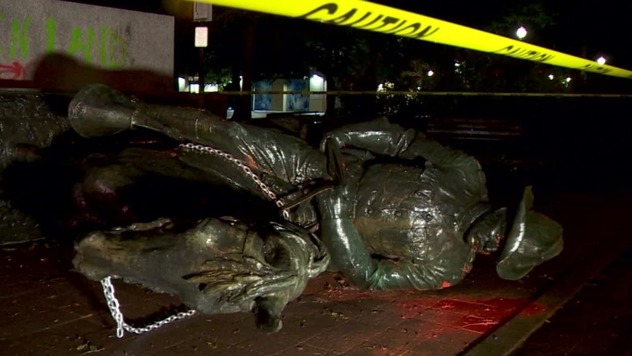 The statue of Theodore Roosvelt statue that was knocked down in Portland.