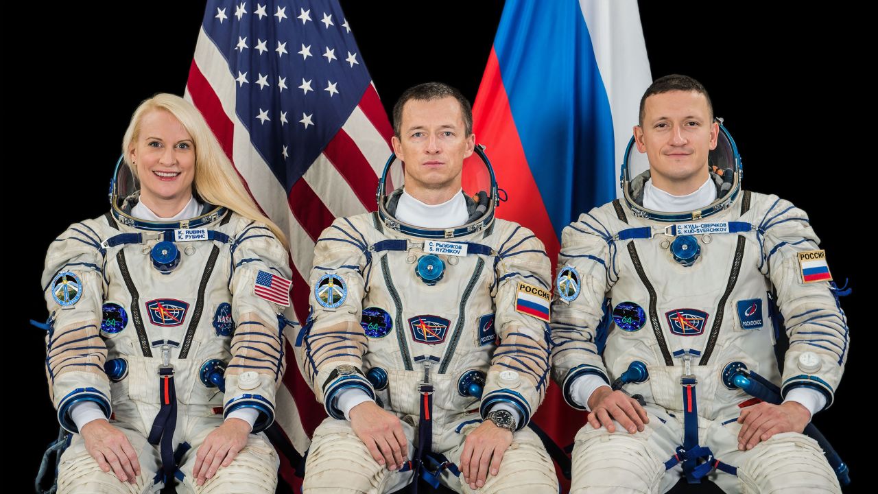 The Expedition 64 crew members include (from left) NASA astronaut Kate Rubins and cosmonauts Sergey Ryzhikov and Sergey Kud-Sverchkov.