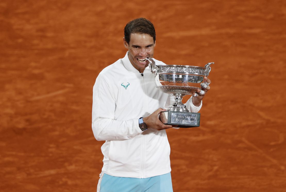 Nadal celebrates winning the French Open for the 13th time. 