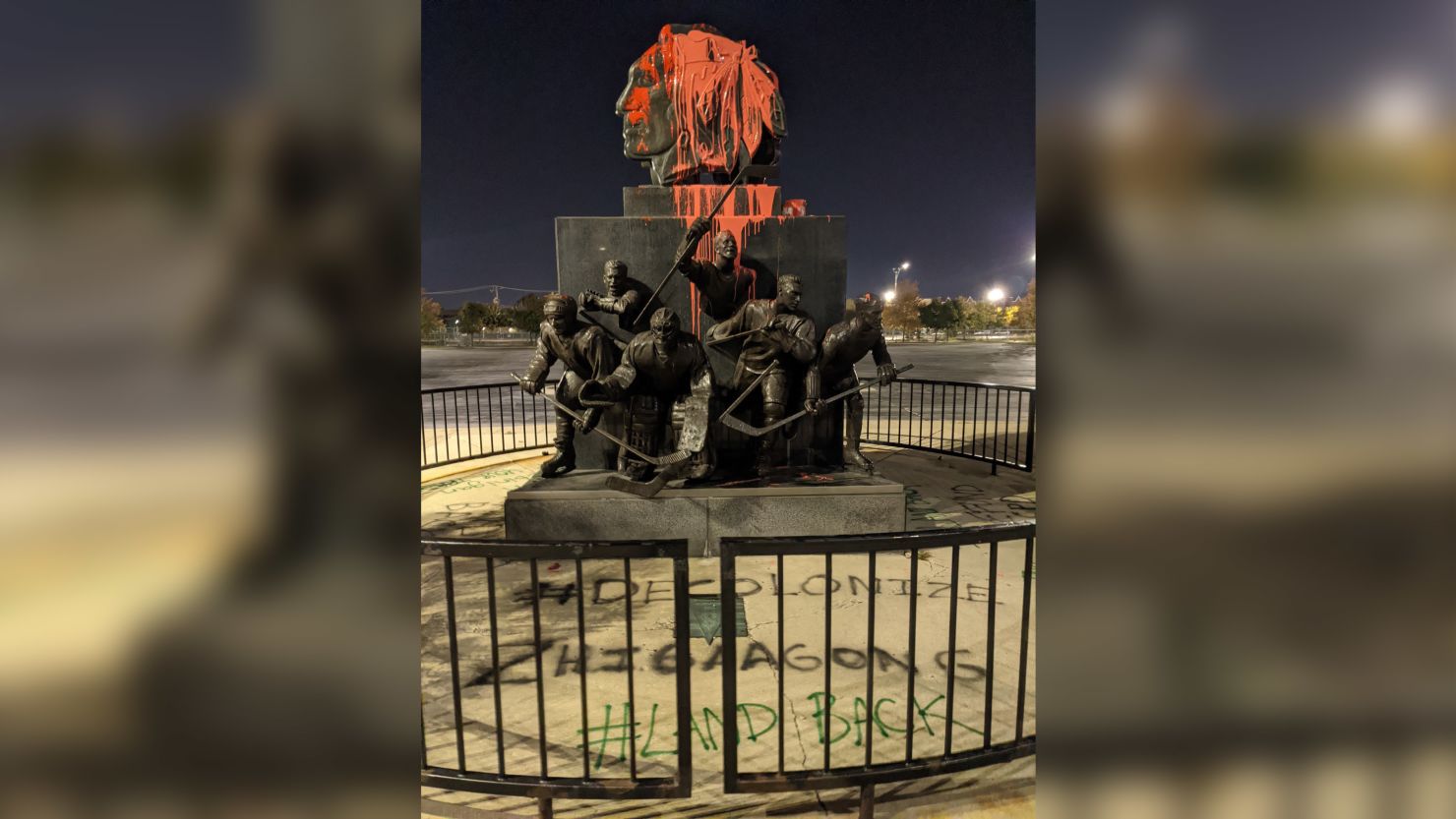 The statue outside Chicago's United Center was vandalized Monday.