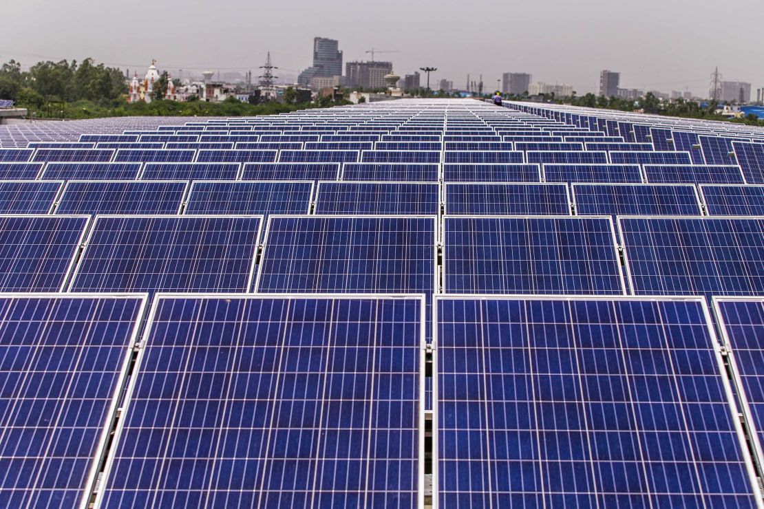 Solar panels on the roof of the Yamaha Motor Co. plant in Surajpur, Uttar Pradesh, India. India is rapidly investing in solar and could become the largest market for utility-scale battery storage by 2040, according to the IEA.
