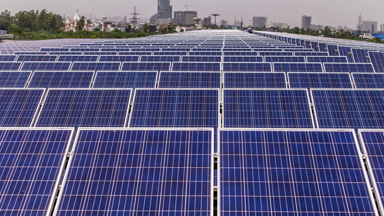 Solar panels on the roof of the Yamaha Motor Co. plant in Surajpur, Uttar Pradesh, India. India is rapidly investing in solar and could become the largest market for utility-scale battery storage by 2040, according to the IEA.