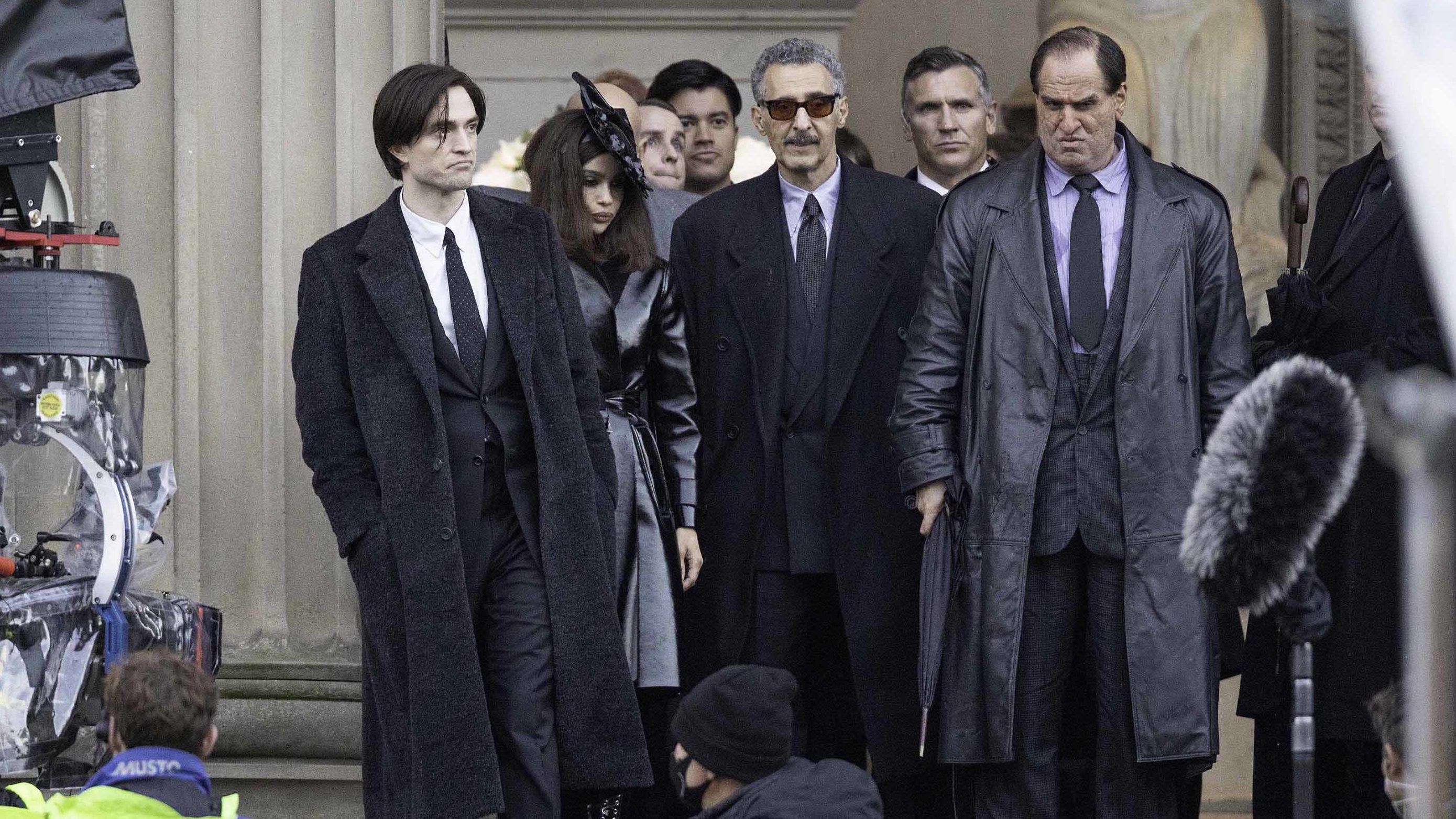 Robert Pattinson Zoe Kravitz, John Turturro with Colin Farrell wearing prosthetic makeup as he plays The Penguin film the new Batman movie on October 12, 2020 in Liverpool, England. (Photo by MEGA/GC Images)