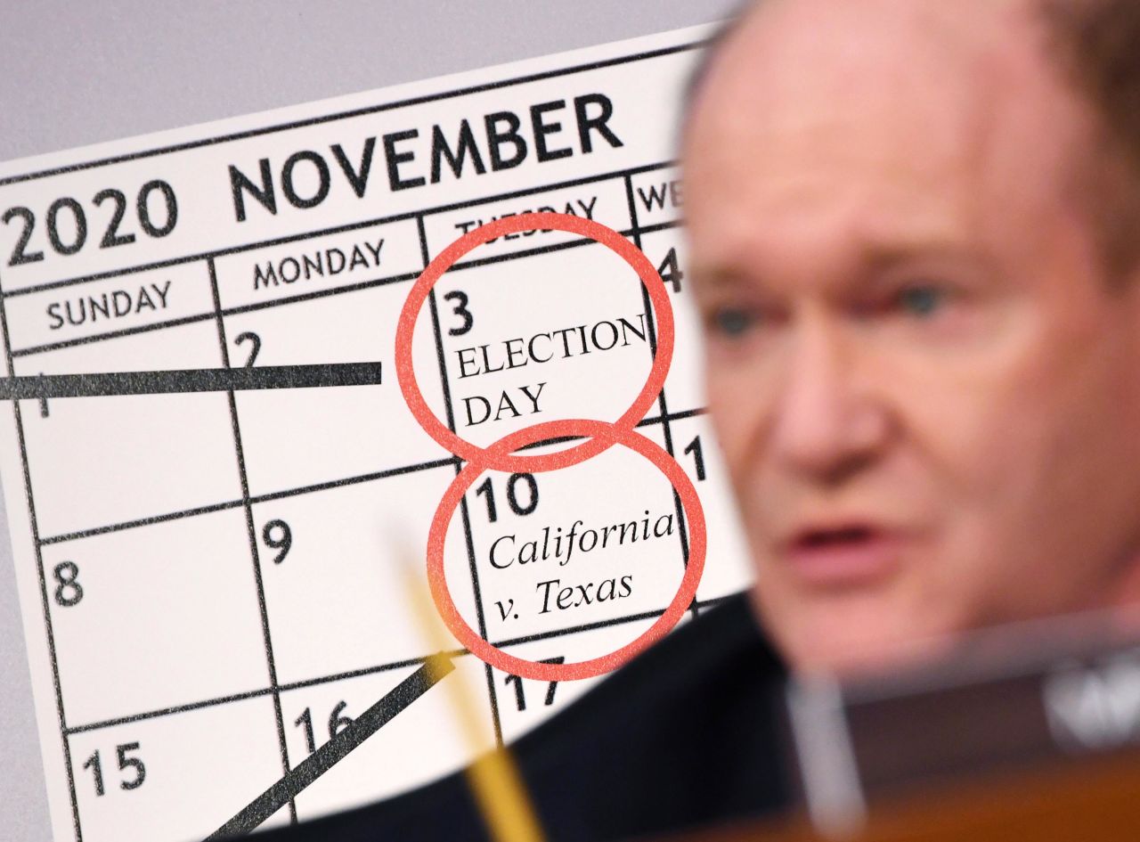 Coons speaks at the Barrett hearing on October 13. A week after Election Day, the Supreme Court is set to hear the case California v. Texas, which is challenging the constitutionality of the Affordable Care Act.