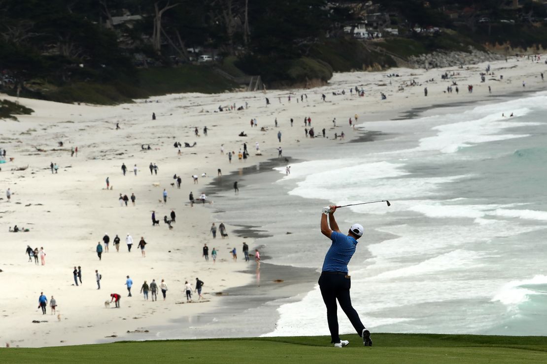 Rahm plays a second shot on the ninth hole during the third round of the 2019 US Open at Pebble Beach.