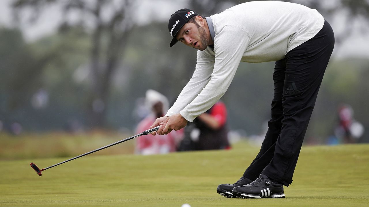 Rahm reacts after missing a putt during the second round of the US Open in 2018. 