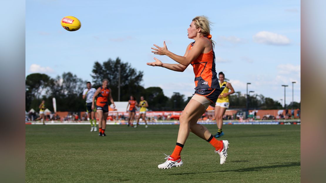 Barclay marks the ball during the round five AFLW match between the Giants and the Richmond Tigers in March.
