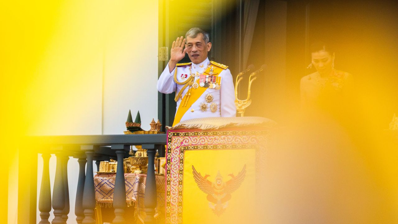 Thailand's King Maha Vajiralongkorn addresses the public from the Grand Palace in Bangkok on May 6, 2019 following his coronation.