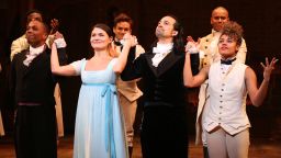 Leslie Odom Jr., Phillipa Soo, Lin-Manuel Miranda and Ariana DeBose in 'Hamilton' in 2016. The musical is among the Broadway shows that will return to the stage in September, following closure due to the pandemic.  (Photo by Walter McBride/WireImage)