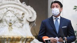 ROME, ITALY - OCTOBER 13: Italy's Prime Minister Giuseppe Conte talks to media during a press conference at Chigi Palace to announce new safety measure amid surge of COVID-19 cases in Italy on October 13, 2020 in Rome, Italy. (Photo by Alberto Lingria/AB Pool - Corbis/Getty Images)