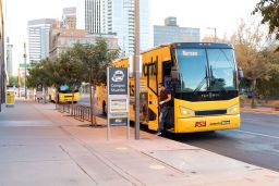 Shuttles take students to and from the different campuses. Social distancing is followed while on the bus.
