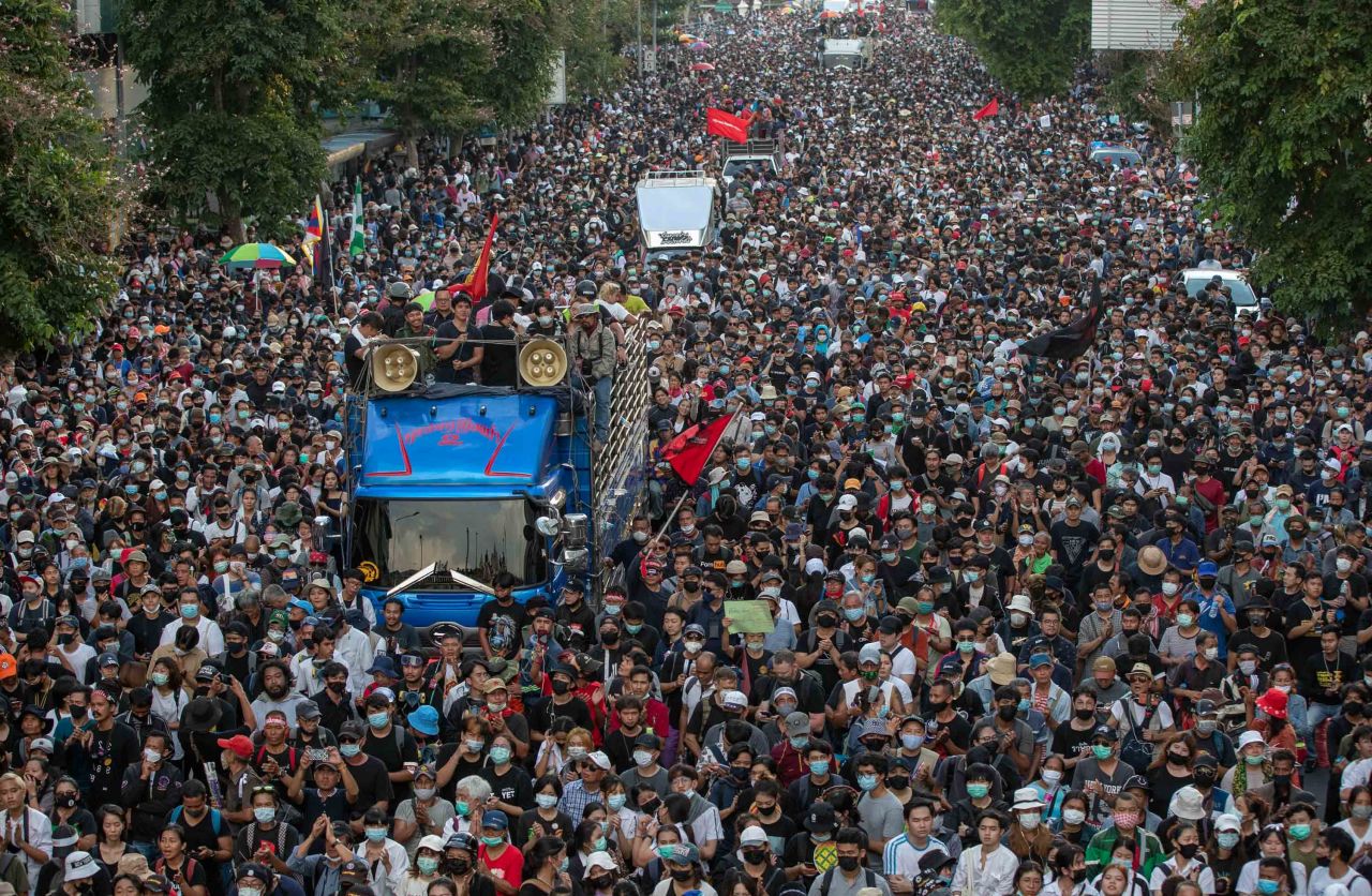 Pro-democracy protesters march on October 14.