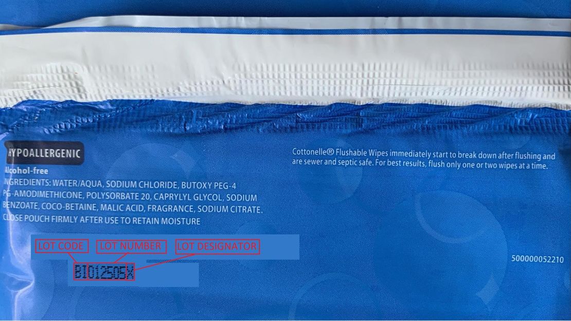 This image from Kimberly-Clark shows where to look for lot numbers on varieties of Cottonelle flushable wipes that may be under recall.