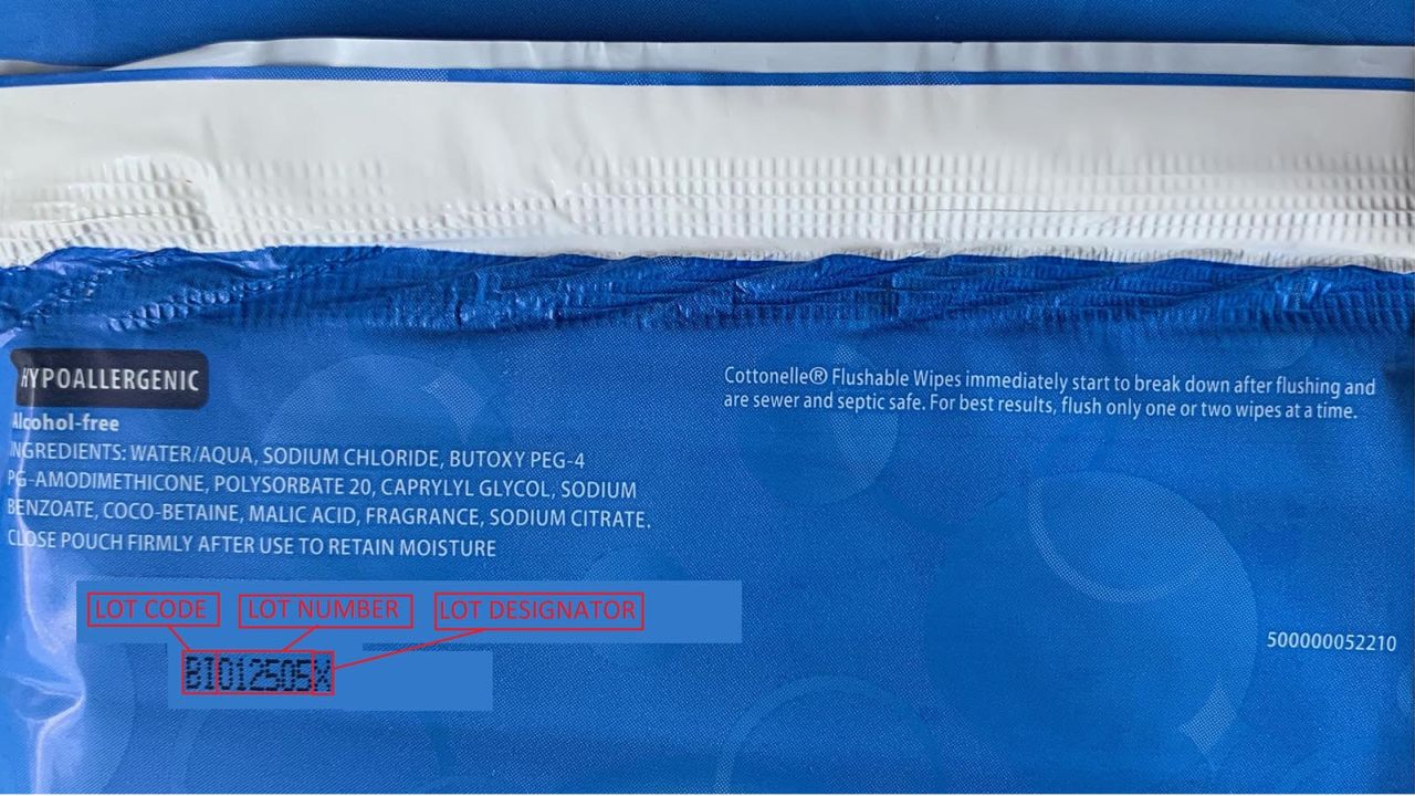 This image from Kimberly-Clark shows where to look for lot numbers on varieties of Cottonelle flushable wipes that may be under recall.