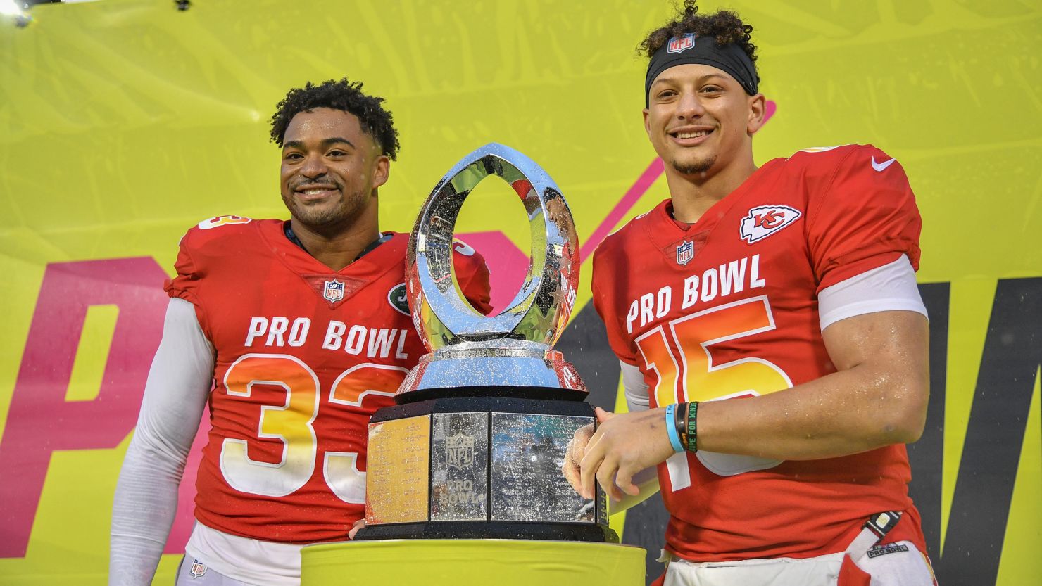 Jamal Adams, left, of the New York Jets and Patrick Mahomes of the Kansas City Chiefs were the co-MVP's of the 2019 NFL Pro Bowl in Orlando, Florida.