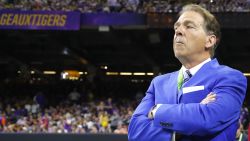 NEW ORLEANS, LOUISIANA - JANUARY 13: ESPN commentator Nick Saban during the Clemson v LSU game in the College Football Playoff National Championship game at Mercedes Benz Superdome on January 13, 2020 in New Orleans, Louisiana. (Photo by Kevin C. Cox/Getty Images)
