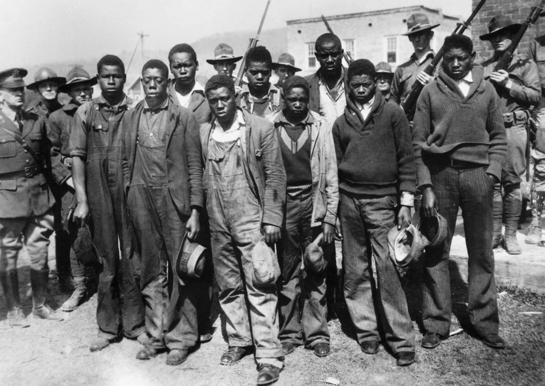 Clarence Norris, Olen Montgomery, Andy Wright, Willie Roberson, Ozie Powell, Eugene Williams, Charlie Weems, Roy Wright, and Haywood Patterson were arrested in 1931 in Alabama.