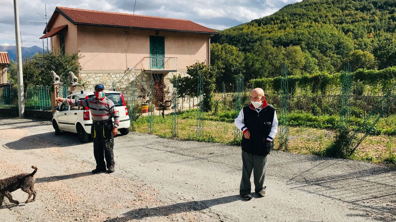 <strong>Sole inhabitants:</strong> Giovanni Carilli and Giampiero Nobili are the only two residents of Nortosce, a tiny Italian hamlet, but they wear masks every time they meet.