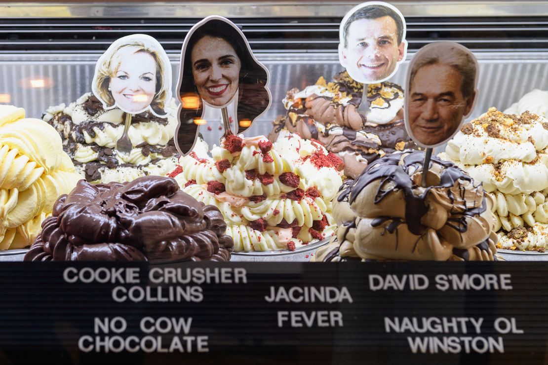 Ice cream flavors named after National Party leader Judith Collins, New Zealand Prime Minister Jacinda Ardern, ACT leader David Seymour and NZ First leader Winston Peters are seen at Rollickin' Gelato on October 14, 2020, in Christchurch, New Zealand. 