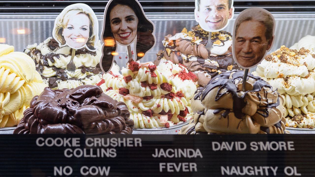 Ice cream flavors named after National Party leader Judith Collins, New Zealand Prime Minister Jacinda Ardern, ACT leader David Seymour and NZ First leader Winston Peters are seen at Rollickin' Gelato on October 14, 2020, in Christchurch, New Zealand.